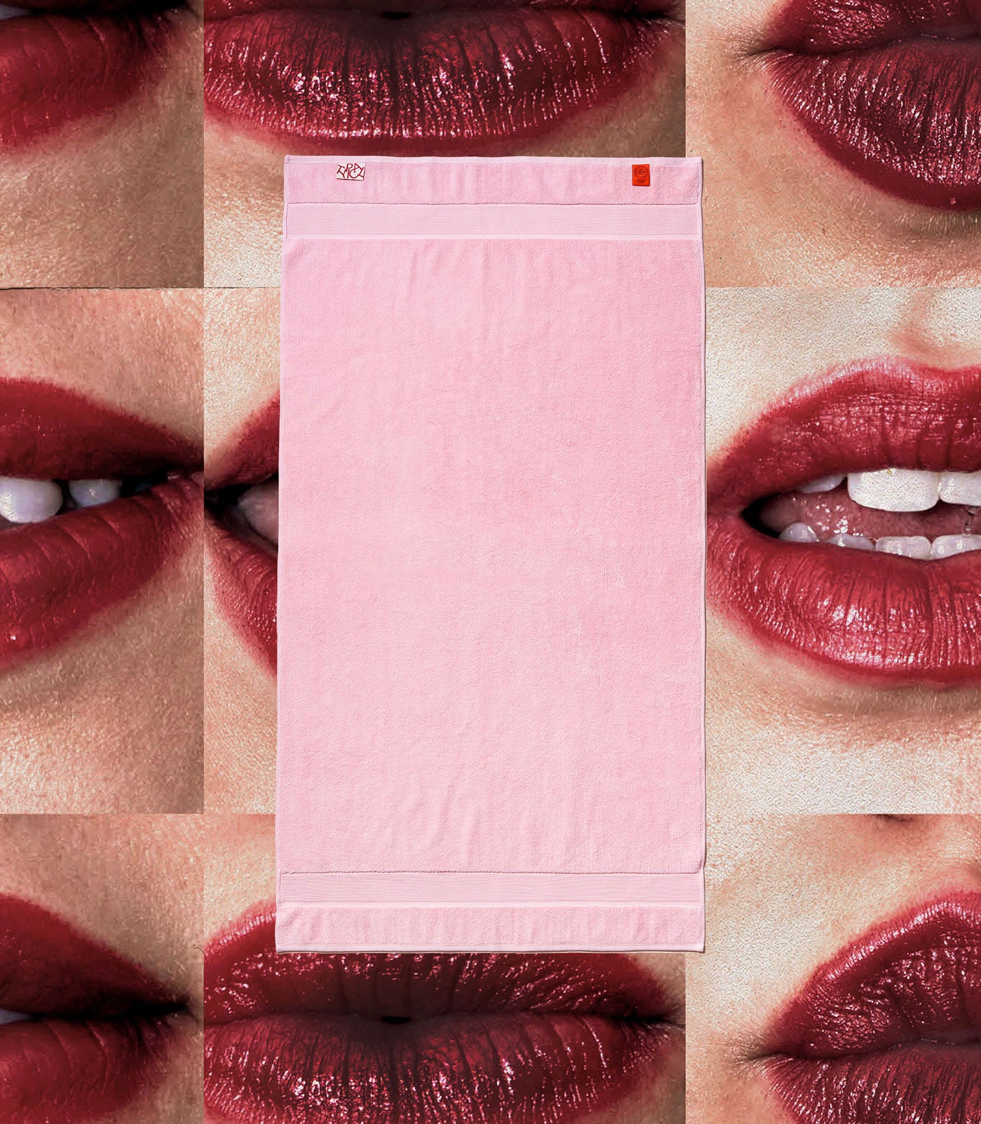 Collage of close-up images of lips with a pink towel in the center.