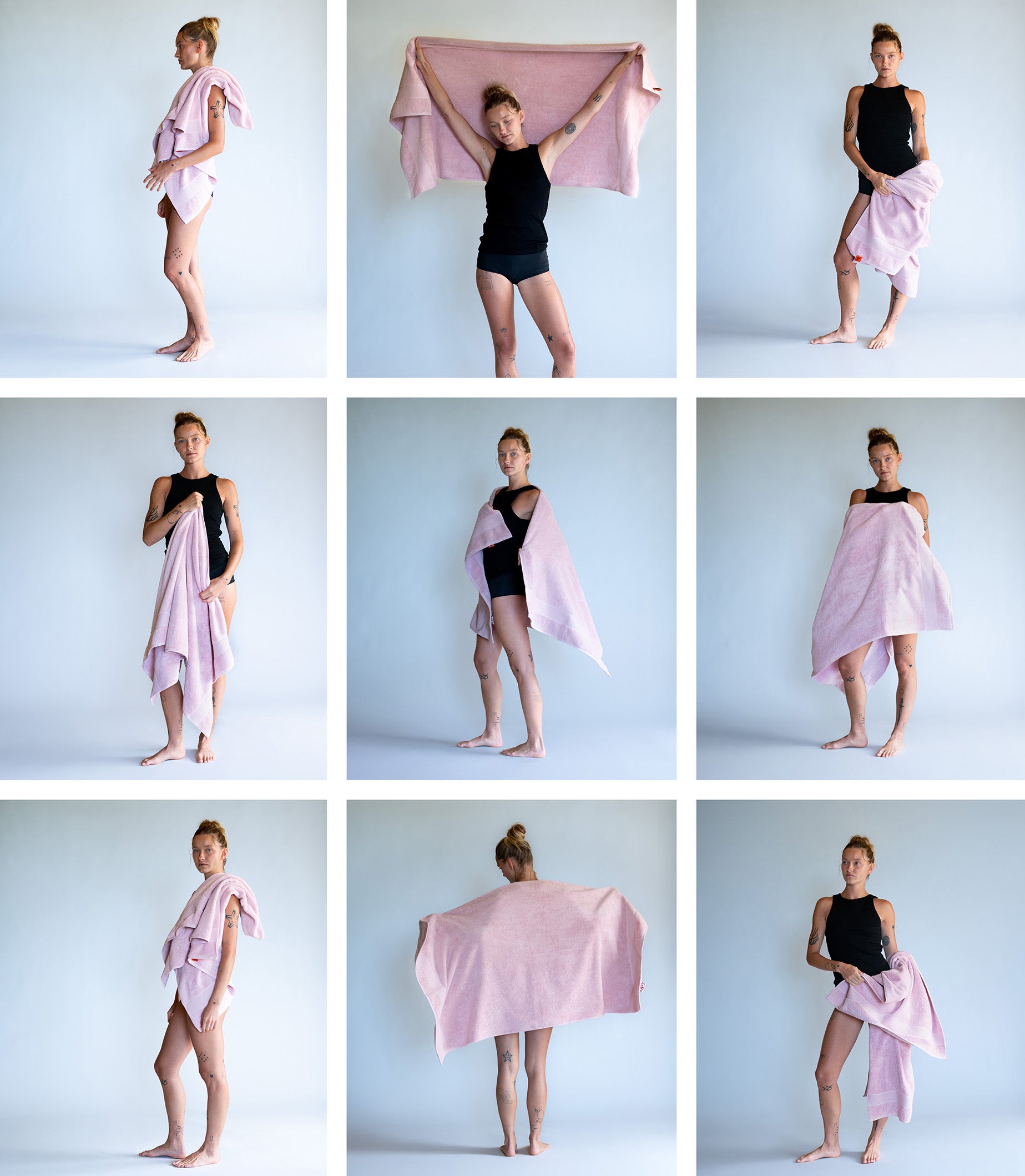 Grid of images showing a person using a pink towel in various poses against a light blue background