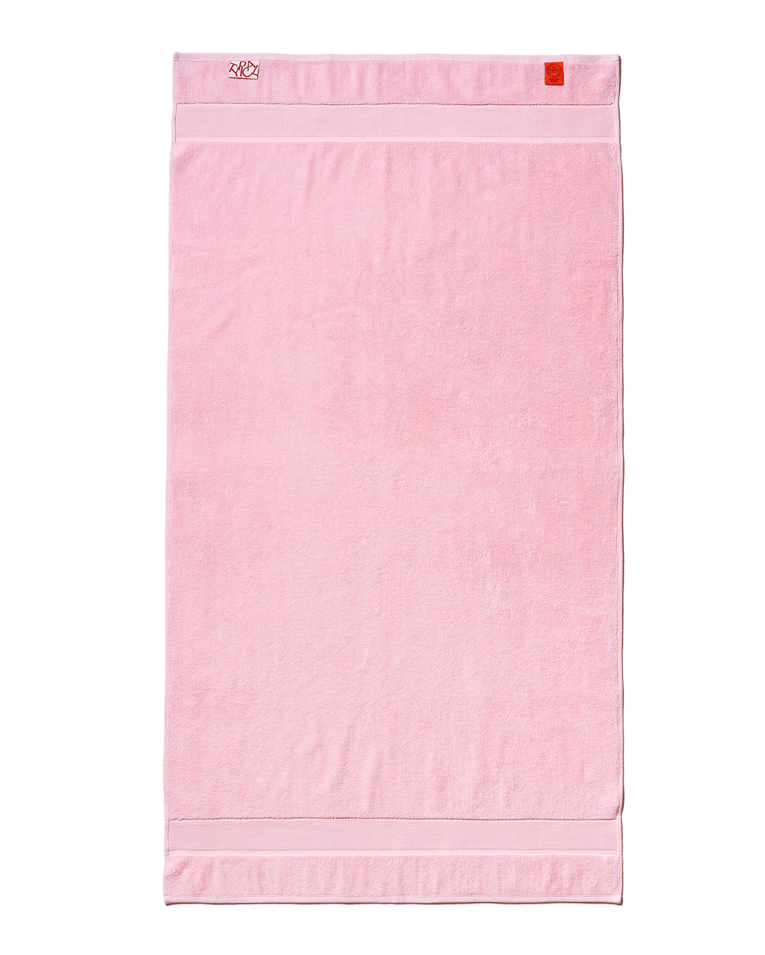 Pink towel with white border on a white background