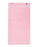 Pink towel with white border on a white background